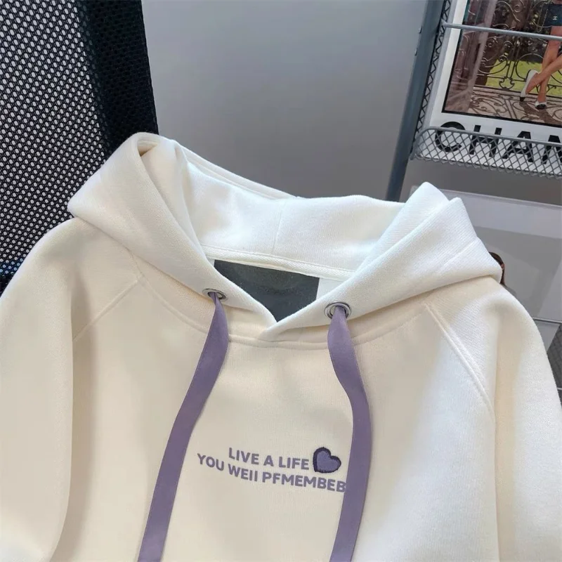 الأمريكية الرجعية الحب المطرزة مقنعين البلوز للنساء الخريف الشتاء جديد الكورية نمط فضفاض رداء علوي غير رسمي Ins