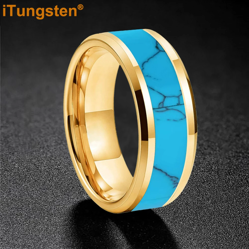 

Itungsten 6/8mm Blocky Turquoise Inlay Tungsten Carbide Wedding Ring for Men Women Polished Bevel Edges Comfort Fit