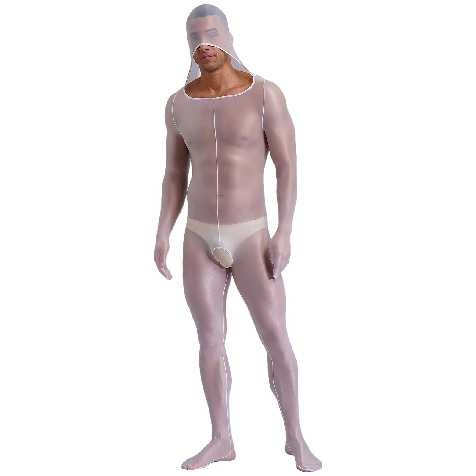 Lingerie da uomo See Through Body che copre tutto il corpo con guanti con apertura sul cavallo Sexy calze con piedi tuta con cappuccio Catsuit