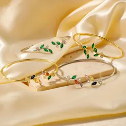 ZAKOL Simple Leaf Zircon Open Bracelet Gold Color Stainless Steel Cuff Bracelet Pulseira Feminin Tiny Hand Jewelry