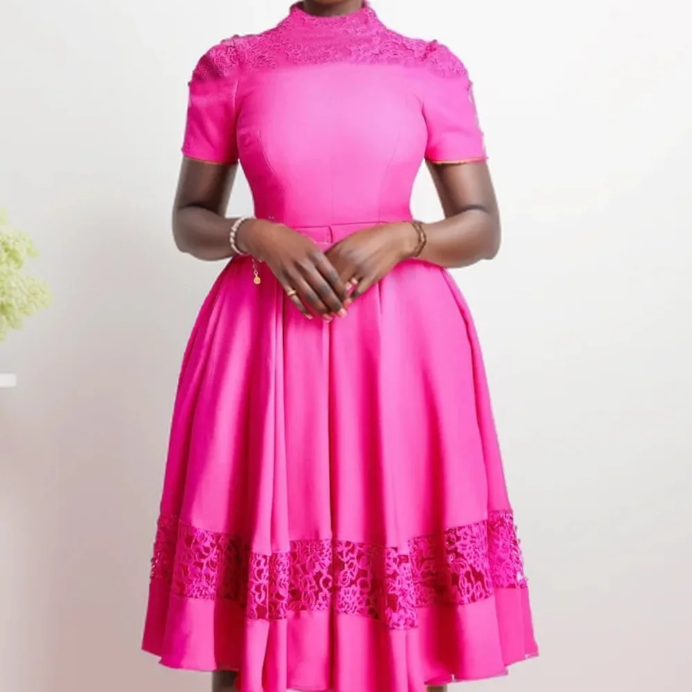 Summer Dress Fashion New Short Sleeves High Waist African Dress Half High Neck A-line Rose Red Slim Elegant Party Dresses 2024