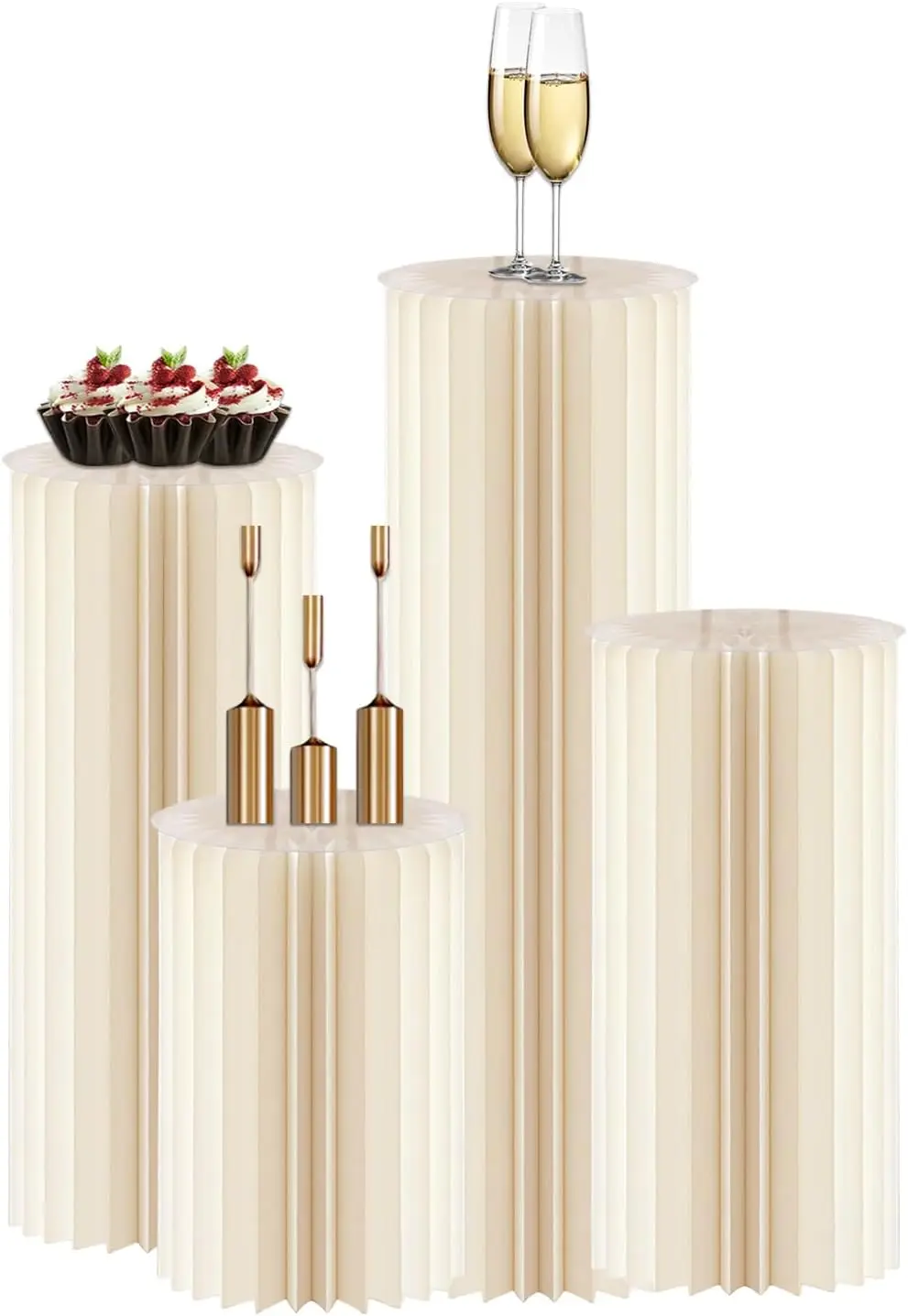 Decorative 4-Pack Cylinder Stands for Parties, Foldable Cardboard Columns with 4 Clear Round Top Plates, Cake Display Pedestal Stand for Weddings, Banquets and Vendor Events