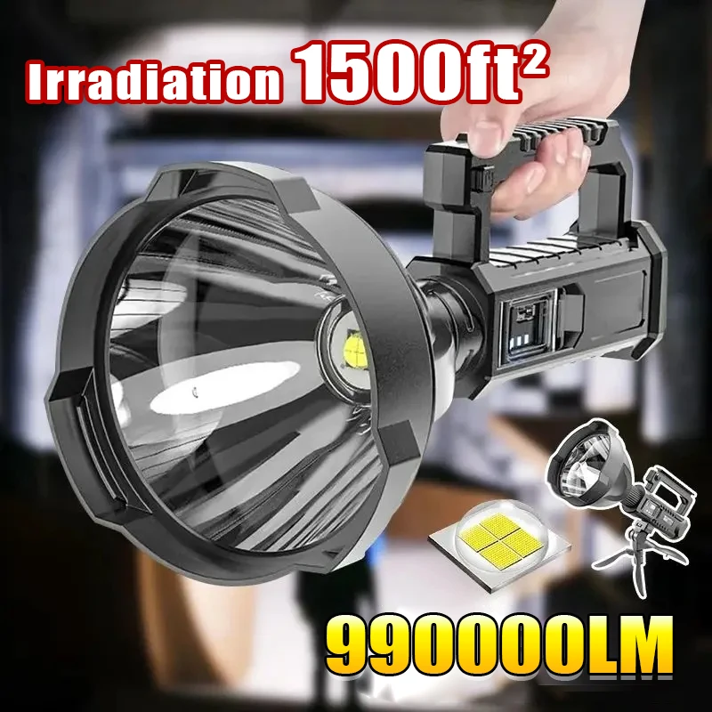 1500000    Lumens แบบพกพาไฟฉาย LED ที่มีประสิทธิภาพไฟฉายมือถือแบบชาร์จไฟได้ Super Bright Work Light ไฟฉายพร้อมขาตั้ง