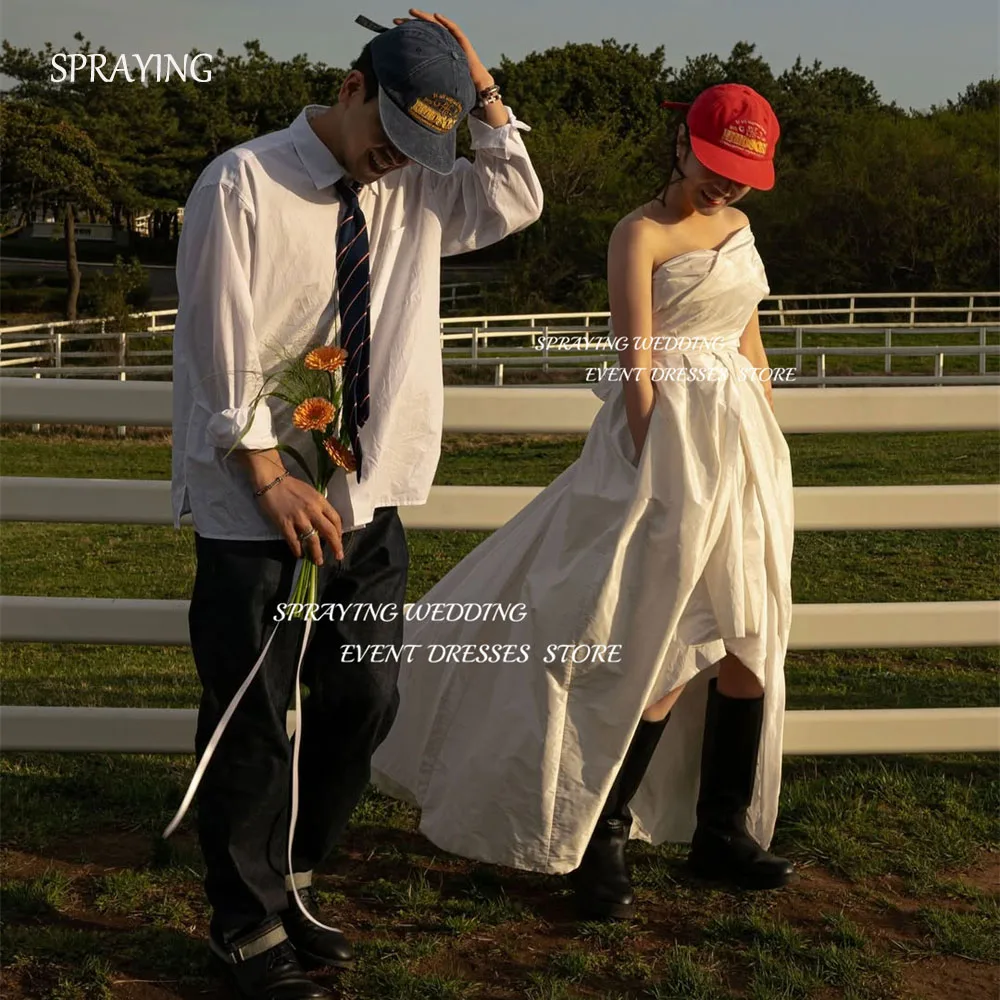 

SPRAYING Simple Ivory Taffeta Outdoors Wedding Photo Shoot Dresses One Shoulder Corset Long Korea Bridal Gowns 웨딩드레스 Customized