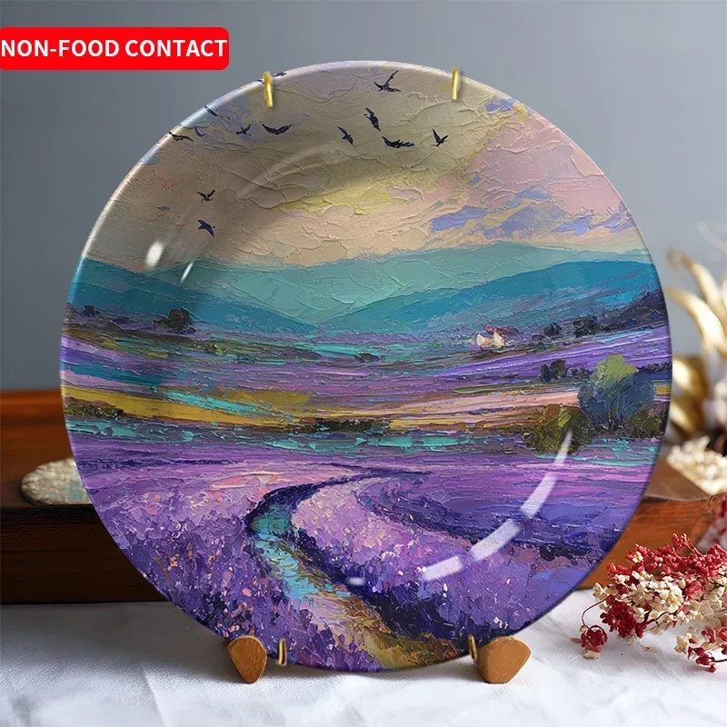 1pcLavender Field Ceramic Decorative Plate Hand Painted Floral Bird Design Wall Art Hanging Dish Non Food Contact Home Decor