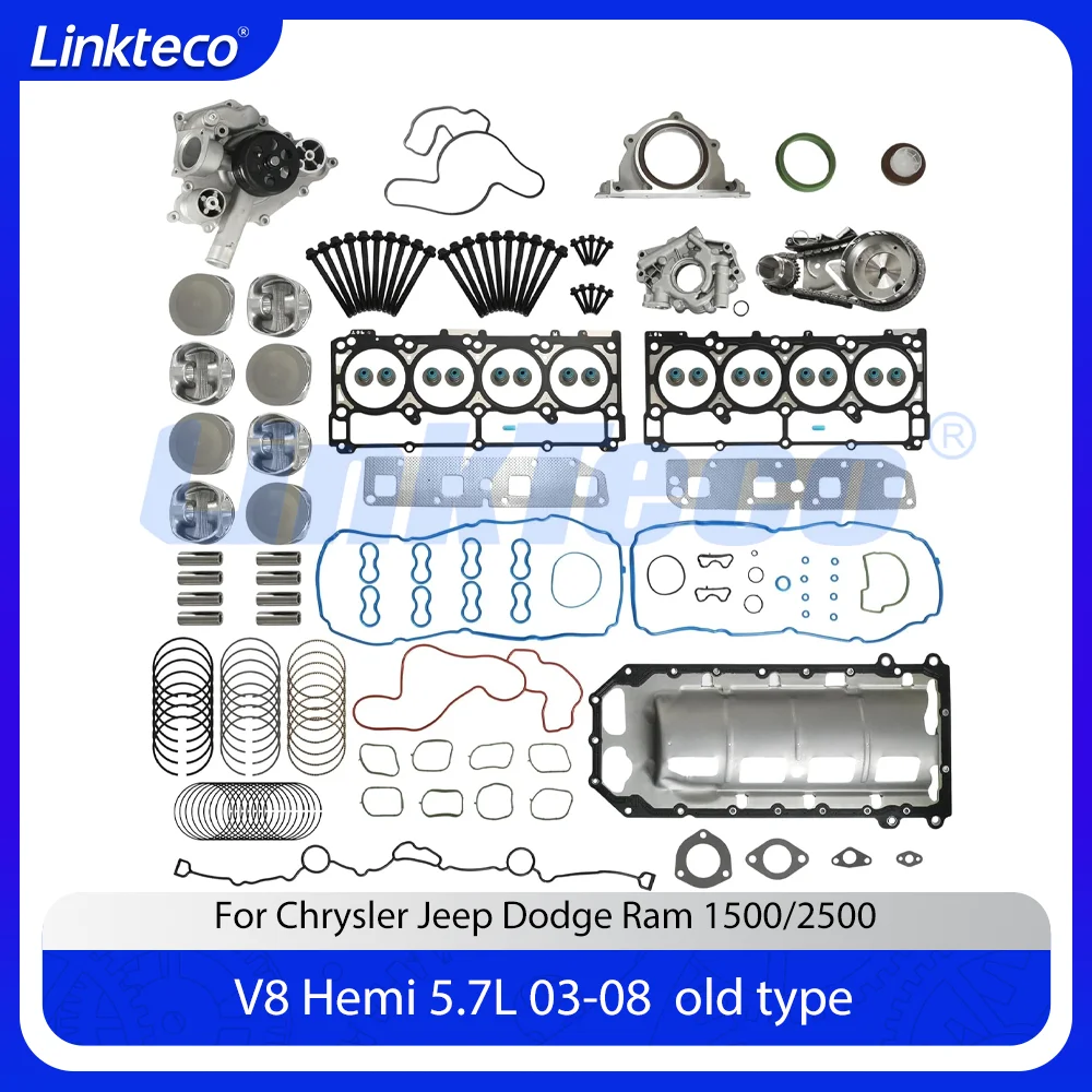 Old Type Pistons Full Gasket Bolts Set Timing Chain Kit Water & Oil Pump Fit 5.7 L For 03-08 Chrysler Jeep Dodge Ram 1500/2500