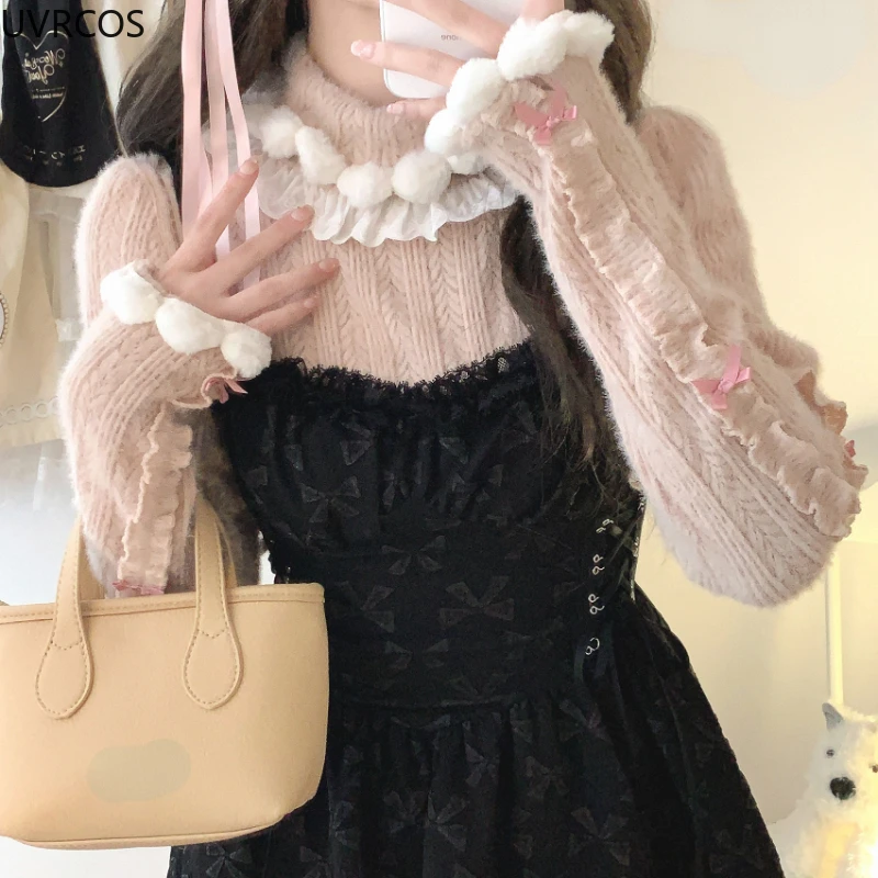 Pink Japan Kawaii Lolita Knitted Sweater Women Sweet Plush Ball Turtleneck Pullover Female Vintage Elegant Slim Knit Jumpers Top