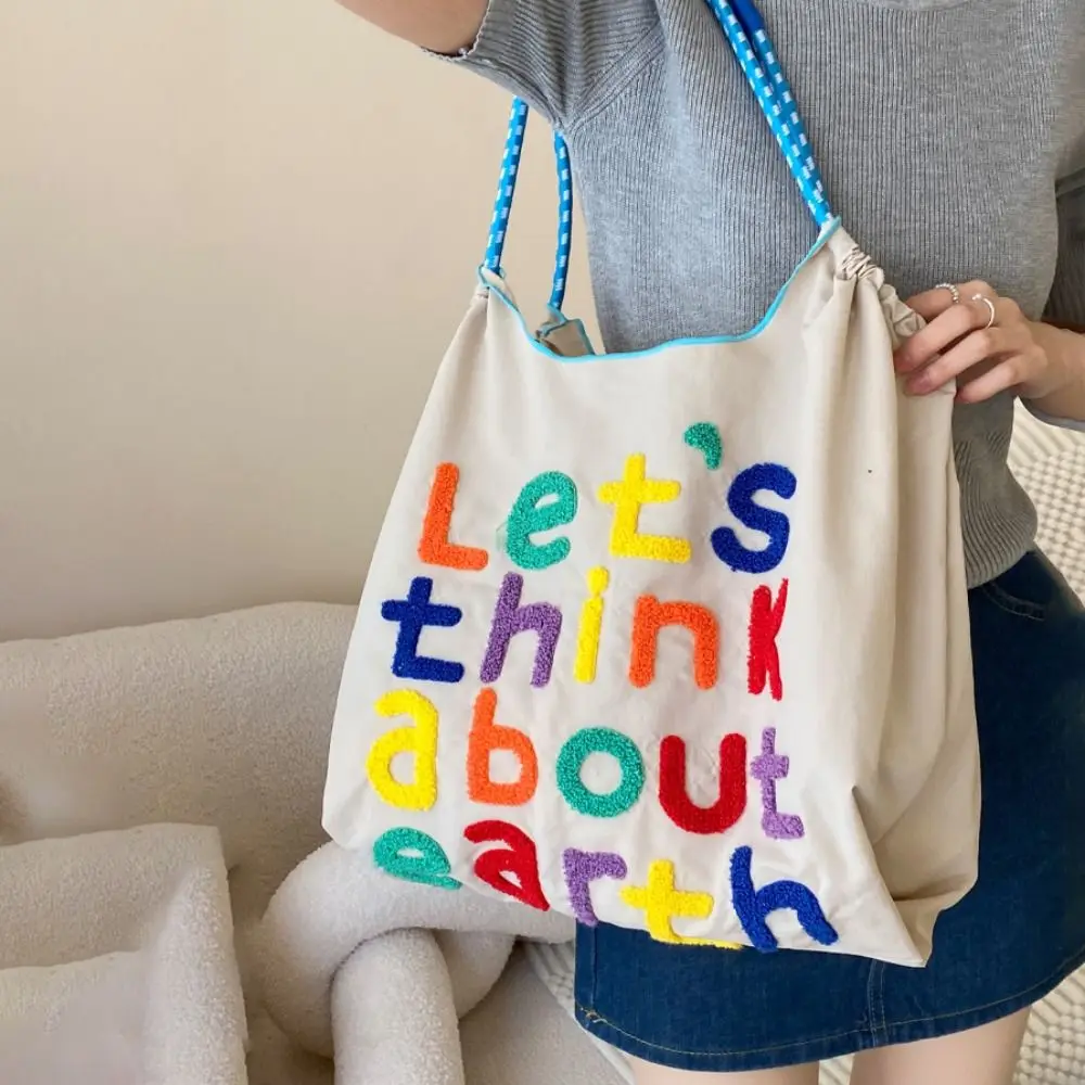 Letter Embroidery Shopping Bag Durable Japanese-style Tote Large Capacity Handbag Travel Shoulder Bag