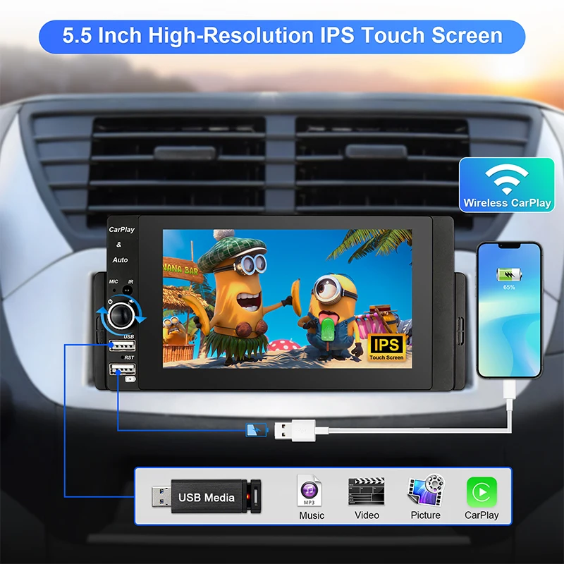 Single Din Car Stereo Wireless Apple CarPlay Android Auto, 5In Touchscreen Car Radio Head Unit with Bluetooth, Volume Knob, FM/USB/Rearview Backup Camera