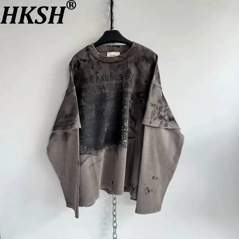 HKSH Spring Autumn New Men Tide Dark Punk American Waffle Faux Two-Piece Printed Long Sleeved Hoodie Chic Ins Sweatshirt HK24480