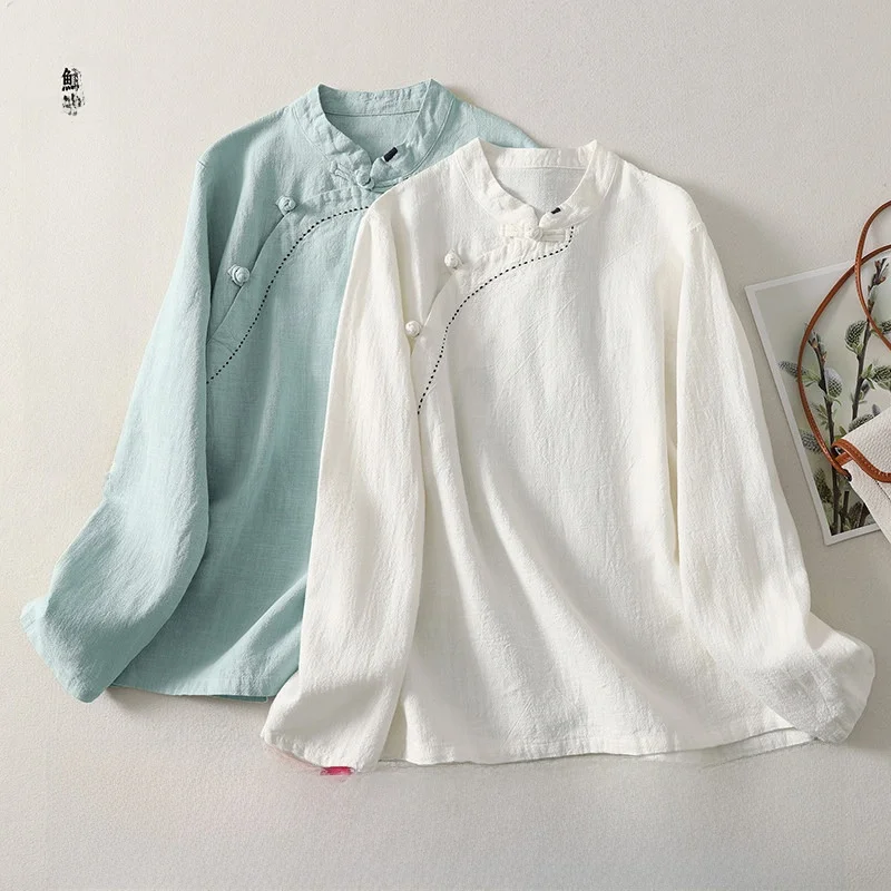 

Spring Cotton Linen Long Sve Stand Collar Button up Chinese Sle irt National Sle Small irt Traditional Faion Wom...