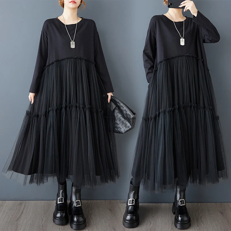 

Свободное платье миди длиной до колена Dr with Me Paneling Повседневная японская вязаная подставка из полиэфирного волокна Long Sve...