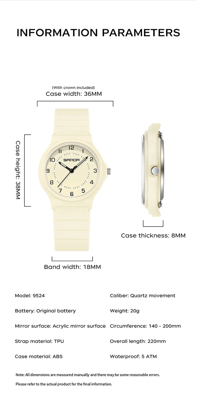 SANDA SD9524 Quartz Watch，Silent Exam Watch for Students，Simple casual watch