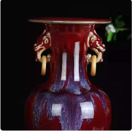 Rare Jun porcelain chicken blood red glaze double-eared bottle, collection decoration.