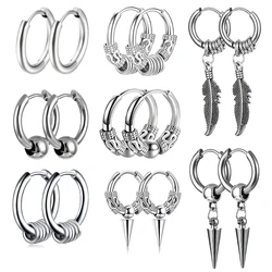 1pair Simple Punk Style Stainless Steel Viking Round Circle Cone Feather Totem Huggie Hoop Earrings for Men Women Ear Jewelry