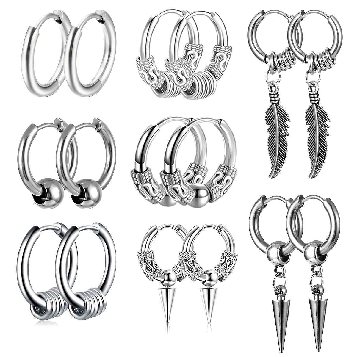 1pair Simple Punk Style Stainless Steel Viking Round Circle Cone Feather Totem Huggie Hoop Earrings for Men Women Ear Jewelry