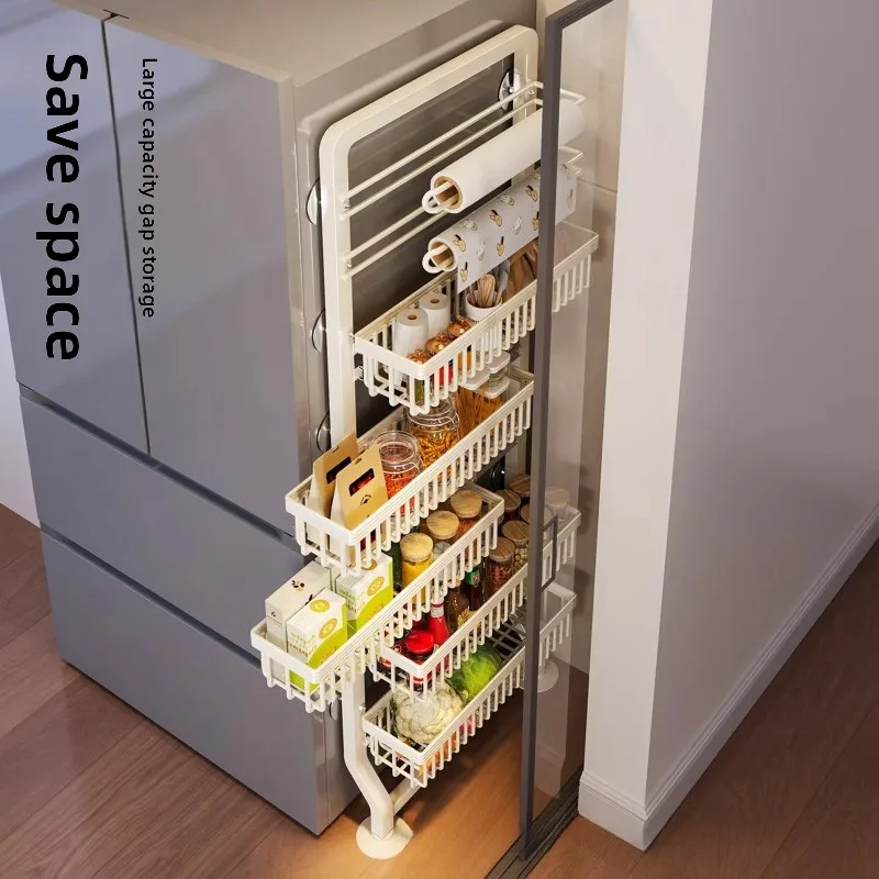 

Kitchen refrigerator side storage rack, two-way pull-out crack storage rack, multi-functional narrow-side floor seasoning rack