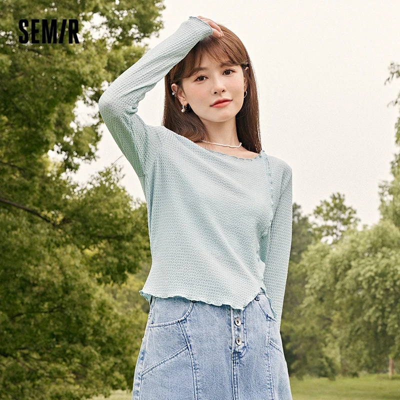 Semir 2023 Women Shirt Long-Sleeved T-Shirt Slit Loose New Autumn Stringy Selvedge Round Neck Texture Pullover Temperament