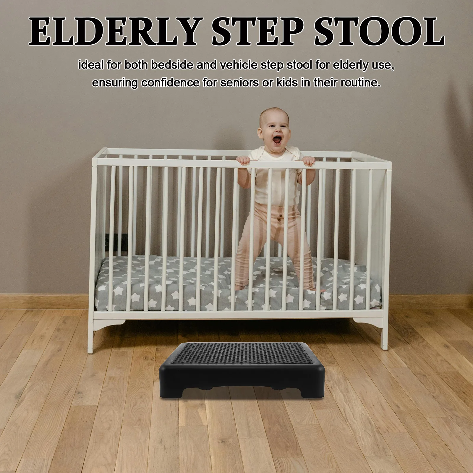 Mobility Step Stool Black Folding Stable Non-Slip Platform Indoor Outdoor Bathroom Bedroom Kitchen Office Footrest 17x13x3