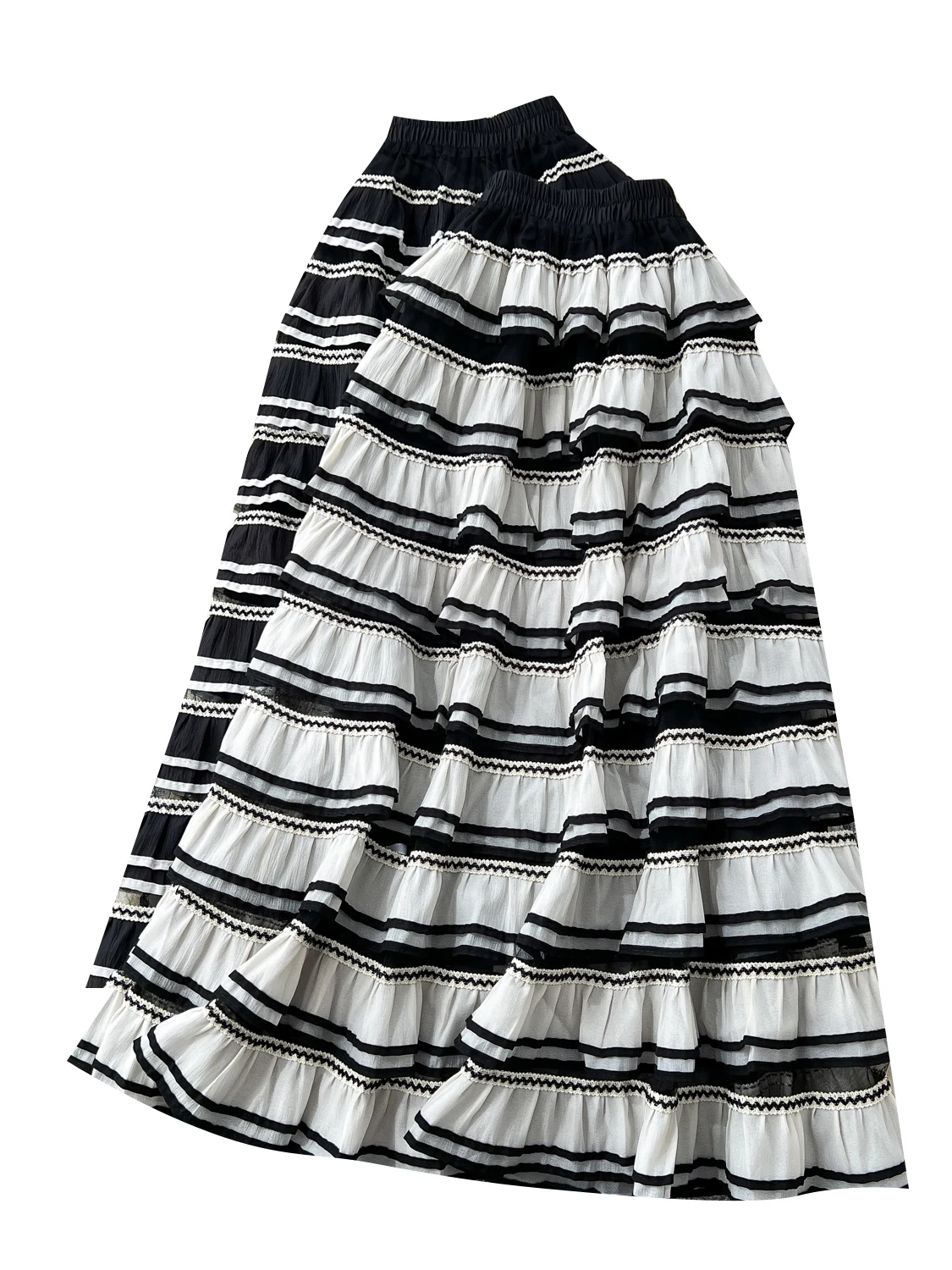 Saia Midi em Camadas E Estilo Suave de Verão para Mulheres com Acabamento em Renda, Cintura Alta e Estilo Coreano.