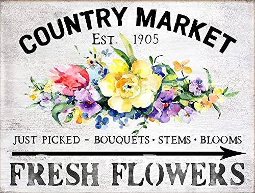 Vintage Country Market Fresh Flowers Farmhouse Tin Sign Retro Flower Plant Metal Tin Sign Shabby Chic Wall Decoration Plaque Gar