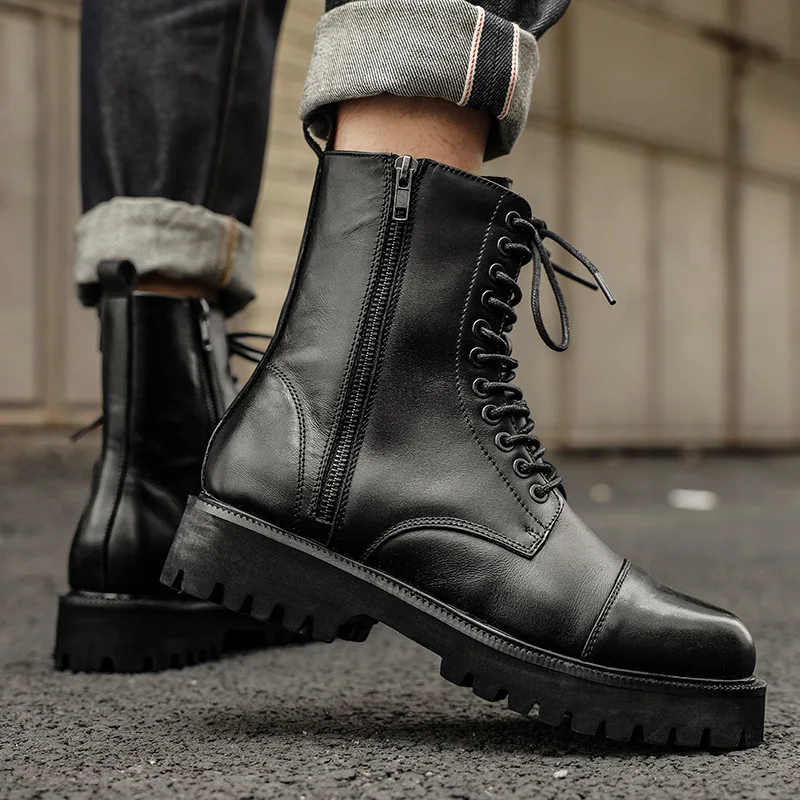 

A021 European American Vintage Male Footwear Round Toe Zip Fashion Climbing Boots Genuine Leather Men's Winter Shoes Outdoor