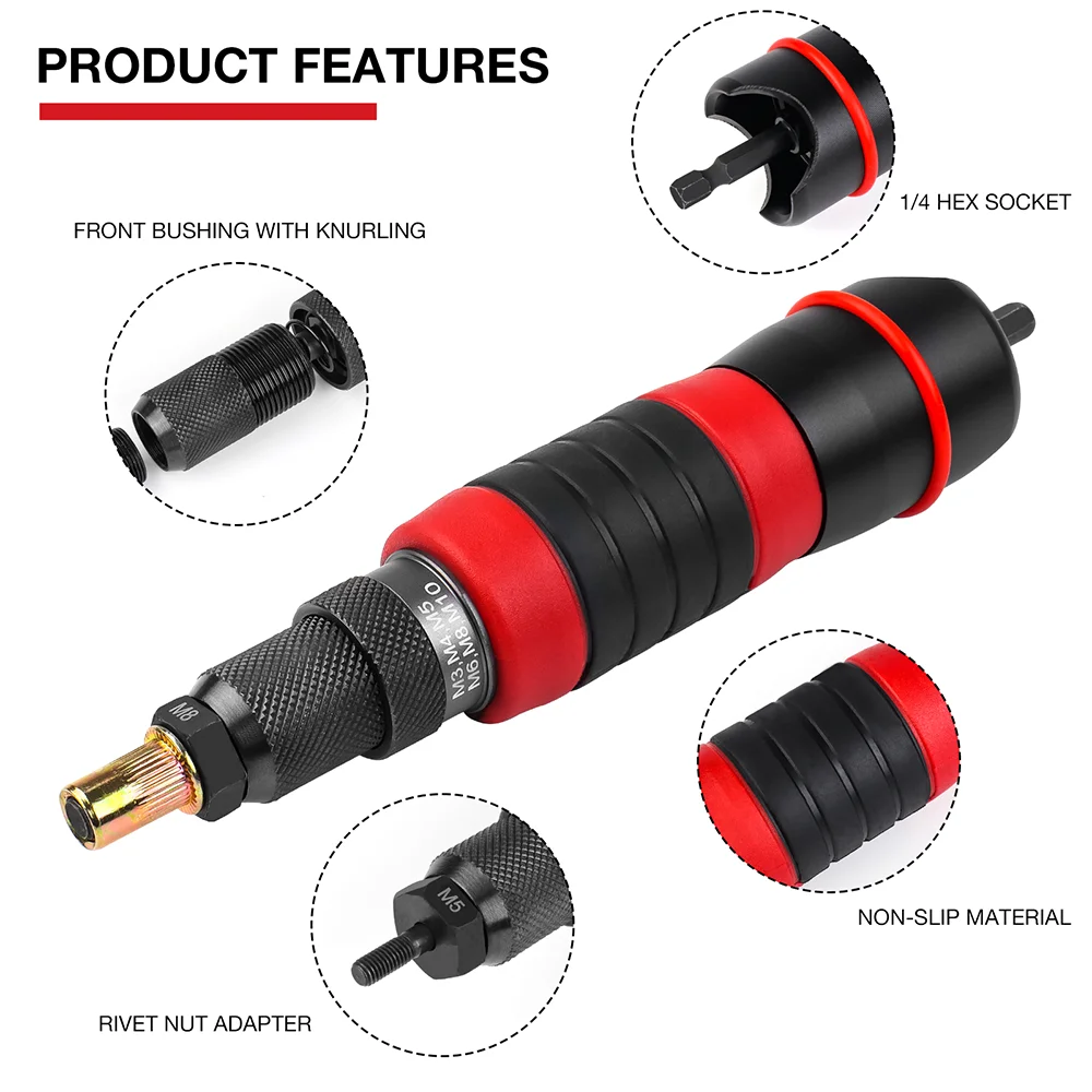 M3 M4 M5 M6 M8 M10  Electric Rivet Nut Adapter, Cordless Home Rivet Gun, Including Tools Box, 3-12mm Drill Bit, Riveting Tools，