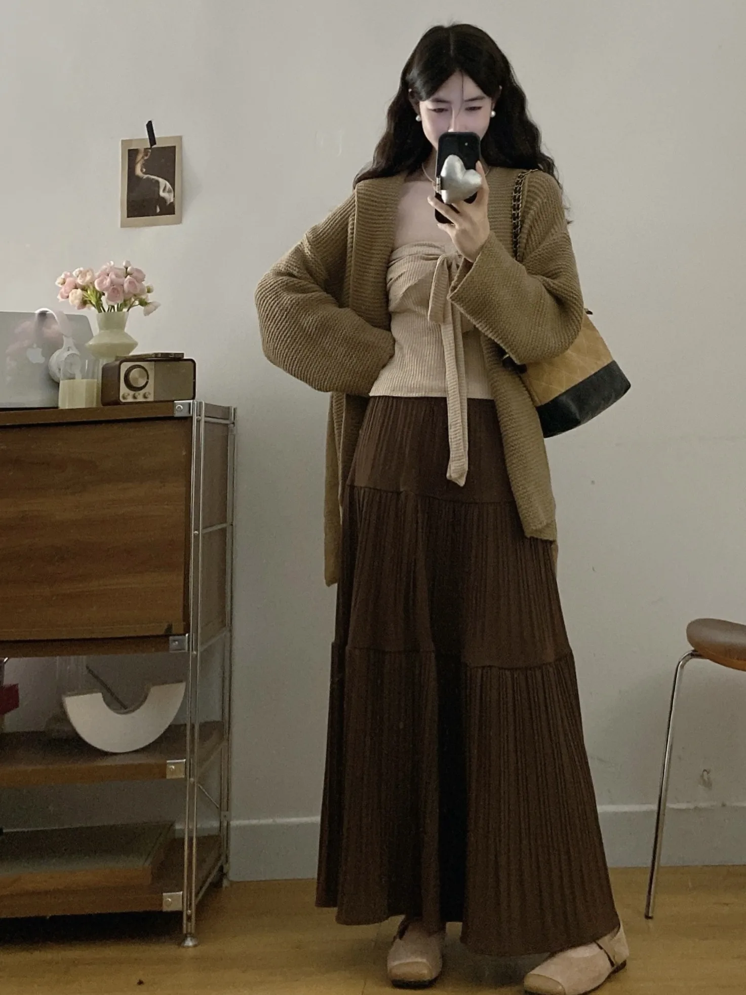 

plus Size Lazy Style Casual Sweater Cardigan Coat Knot Halter Vest Skirt Three Piece Set High Waist a Line Skirt