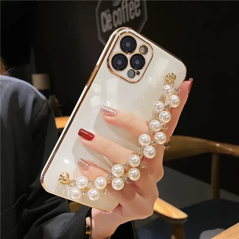 Plating Pearl Bracelet Chain Soft Case For iPhone 15 13 14 12 Pro Max 11 XS X XR 7 8 Plus Glitter Silicone Cover