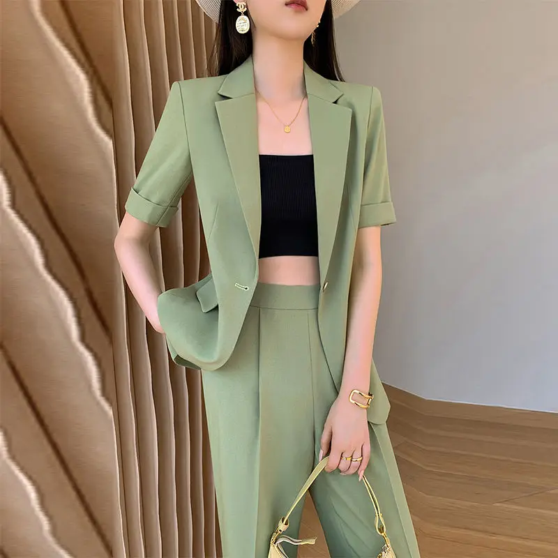 

2022 Summer Women Blazer Coat +Trousers Fashion Single Button 2 Pieces Suit Ladies Short Sleeve Blazer Set