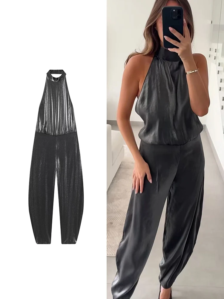 Women's New Jumpsuits Summer Sleeveless Fashion Halter Neck Sexy Backless Causual Wide Leg Jumpsuits Ladies Solid Streetwear