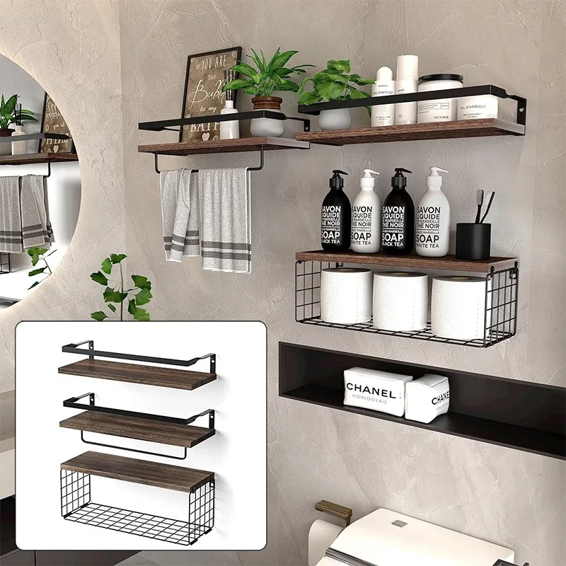 Floating Shelves with Wire Storage Basket Bathroom Shelves Over Toilet with Protective Metal Guardrail Multifunction Shelves