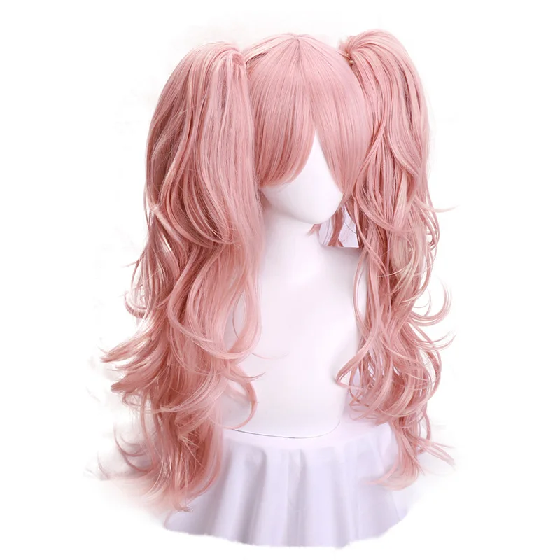 Perruque Cosplay Anime recrutée anronpa Enoshima Junko, longue rose ondulée avec pince à queue de cheval, épingles à cheveux ours noir blanc, cadeau pour fille