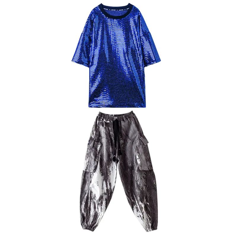 Boys Sequin Silver T-shirt Hip Hop Tie Dyed Cargo Pants Girls Streetwear Kids Street Dance Clothes Sets Child Jazz Stage Costume