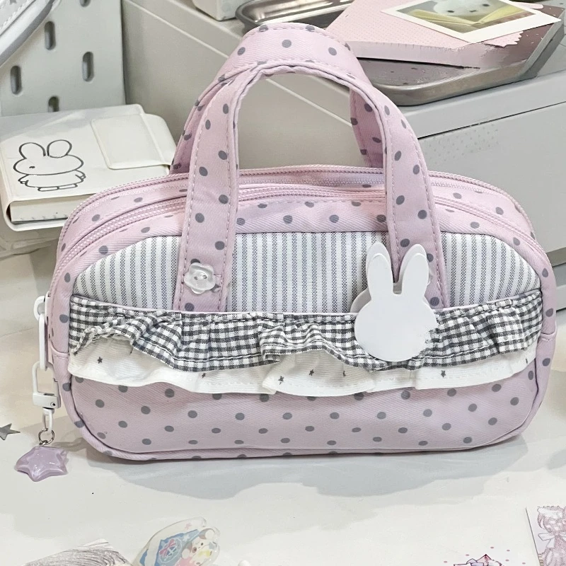 INS Korean Pink Polka Dot Grid Pencil Case with Handle Large Capacity Student Pen Bag Ins Multifunctional Stationery Organizer