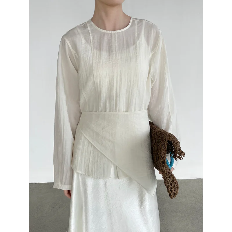 

Two-piece Round Neck Waist Long Sleeve Shirt Women's Fashion Simple French Daily Office Lady Elegant Gray Blouses
