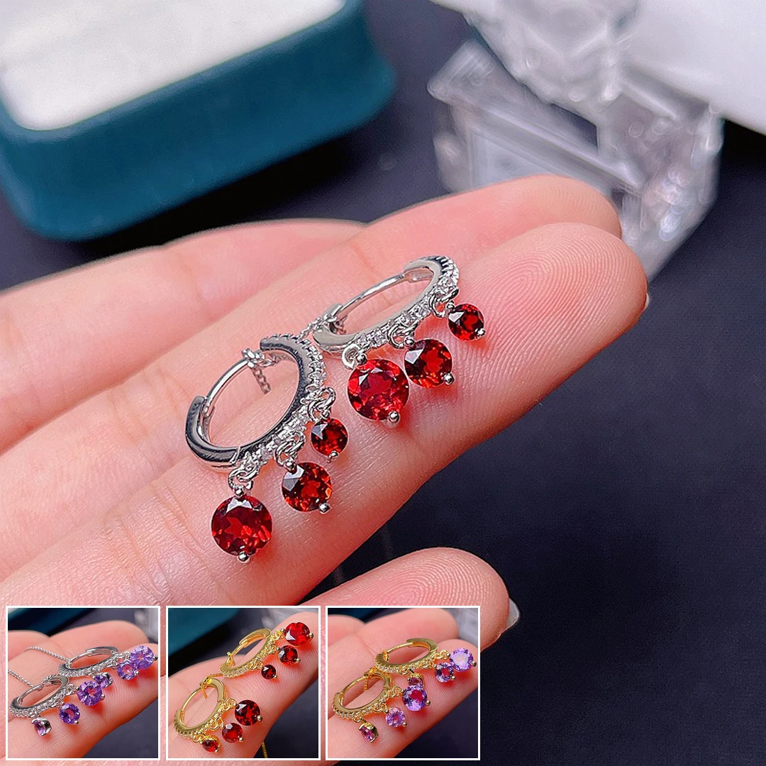 

MeiBaPJ Natural Garnet/Amethyst Fashion Drop Earrings Real 925 Sterling Silver Red Stone Earrings Fine Charm Jewelry for Women