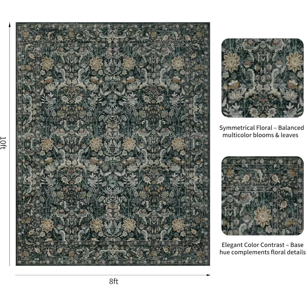 Vintage Floral Area Rug - 8x10 Washable, Soft, Non-Slip, Stain Resistant for Living, Bedroom, and Dining Rooms