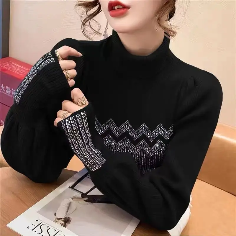 Solid Color Diamonds Turtleneck Slim Sweaters Autumn Winter Korean Female Commute Fashion Lantern Sleeve Thick Knitted Jumpers