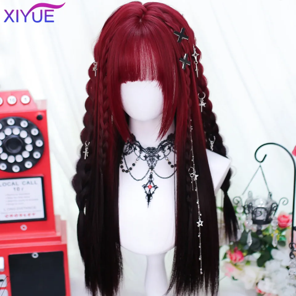 XUTYE Y2k synthetic long straight Lolita Harajuku wig with bangs black and red daily role-playing party hair