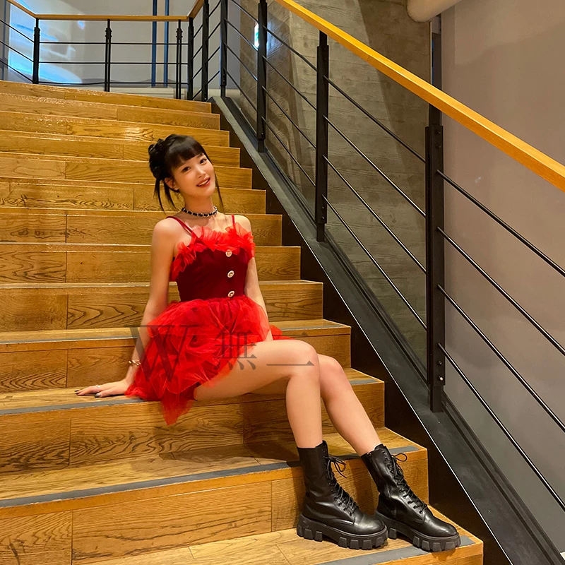 Traje de baile de Jazz de cantante de moda Kpop para mujer, vestido Sexy rojo con hombros descubiertos, traje de fiesta, ropa de Rave para actuaciones en escenario