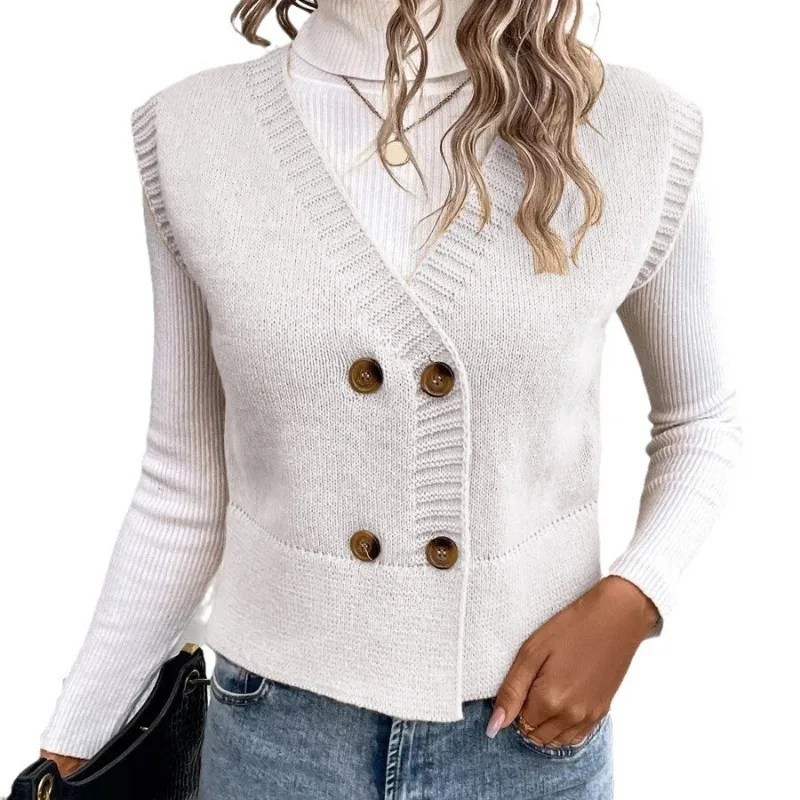 Damen gestrickte kurze Weste, V-Ausschnitt, zweireihig, lässiger Pullover, Strickjacke, neu