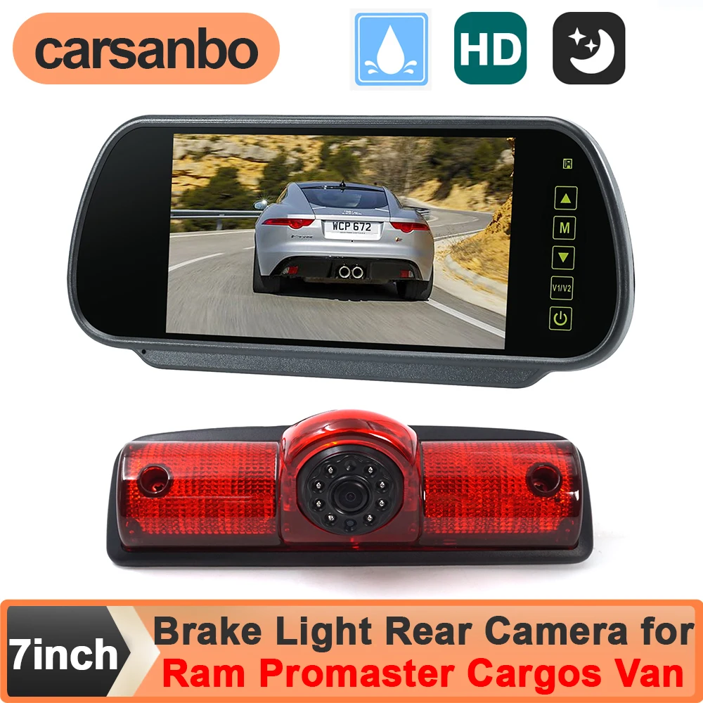 Kit de Cámara de Reversa Carsanbo AHD 1080P con Luz de Freno y Monitor de Espejo Retrovisor de 7 Pulgadas para Camioneta Ram Promaster Cargo