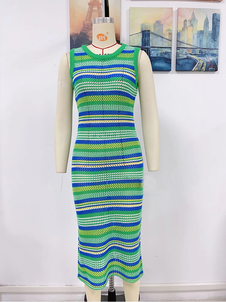 Sexy serré rayé robe tricotée pour les femmes sans manches 2025 été mode plage fête soirée longue robe en tricot tenue décontractée