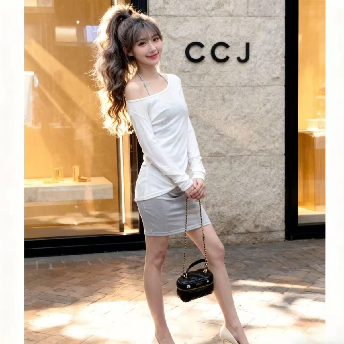 

White Long Sleeve T-Shirt Women's Summer Casual Fashion Set with Drawstring Asymmetrical Skirt High Waist Short Skirt Two-Pie...