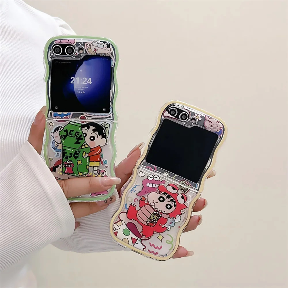 Anime S-Shin-chans With Bracket Phone Case for Samsung Galaxy Z Flip 3 4 5 Z Flip 6 5G PC Hard Anti-fall Back Cover Anti-fall