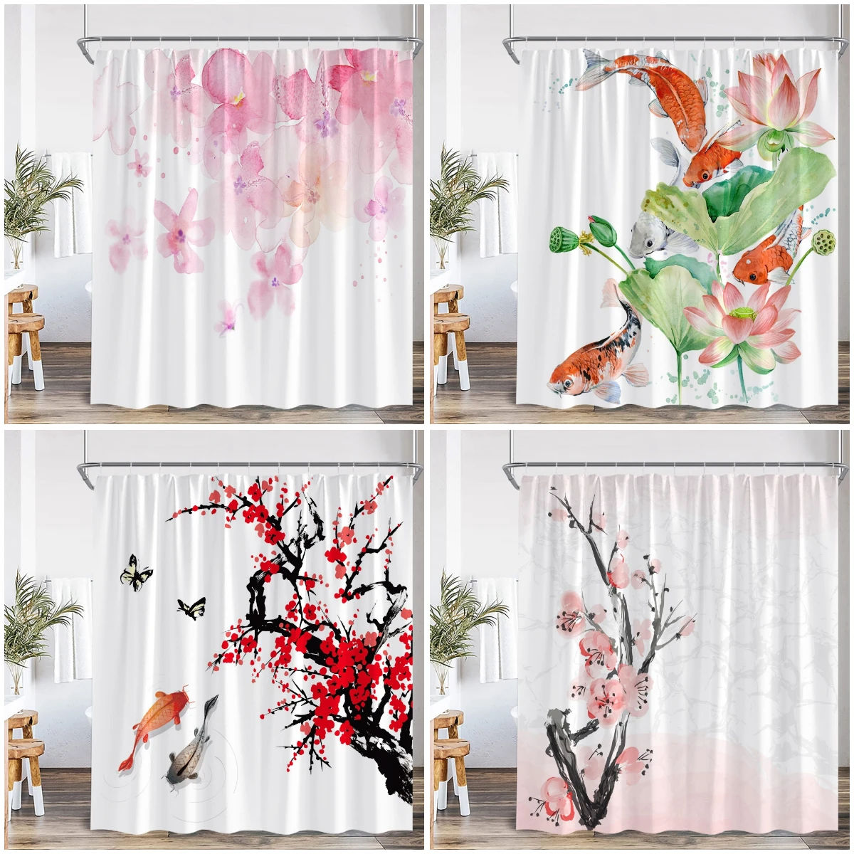 Cherry Blossom Shower Curtain Koi Carp Ink Painting Pink Flowers Bathroom Decorations Chinese Style Bath Curtain with Hooks