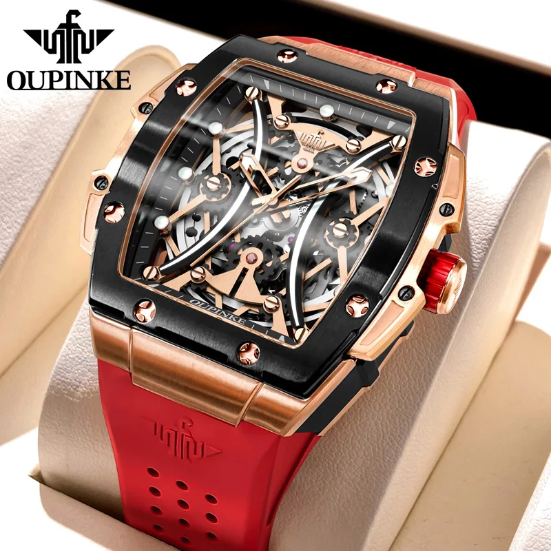 OUPINKE 3215 Luxury Men Mechanical Watch Hollow Dial Tourbillon Square Case Fashionable Business Sport Waterproof Silicone Strap