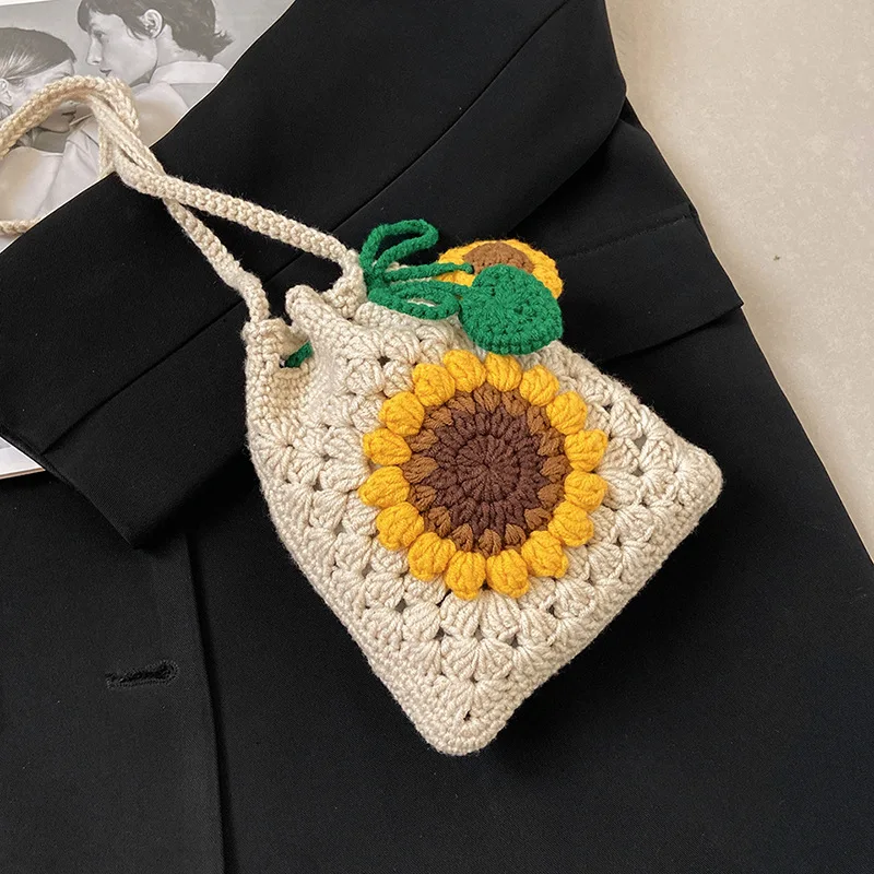 Ins Small Fresh Finished Handmade Knitted Bag Fashions Wool Bag Cute Sunflower Children Crossbody Bag Cell Phone Bag Kids Gifts