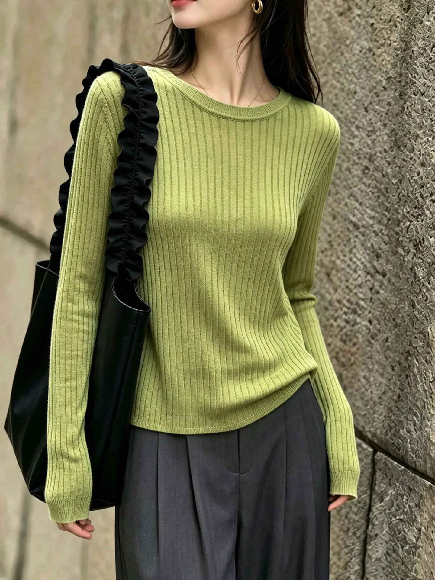 Solid Green Ribbed Knit Sweater For Women Crew Neck Long Sleeve Slim Basic Pullover Elegant Korean Autumn Warm Casual Knit Tops